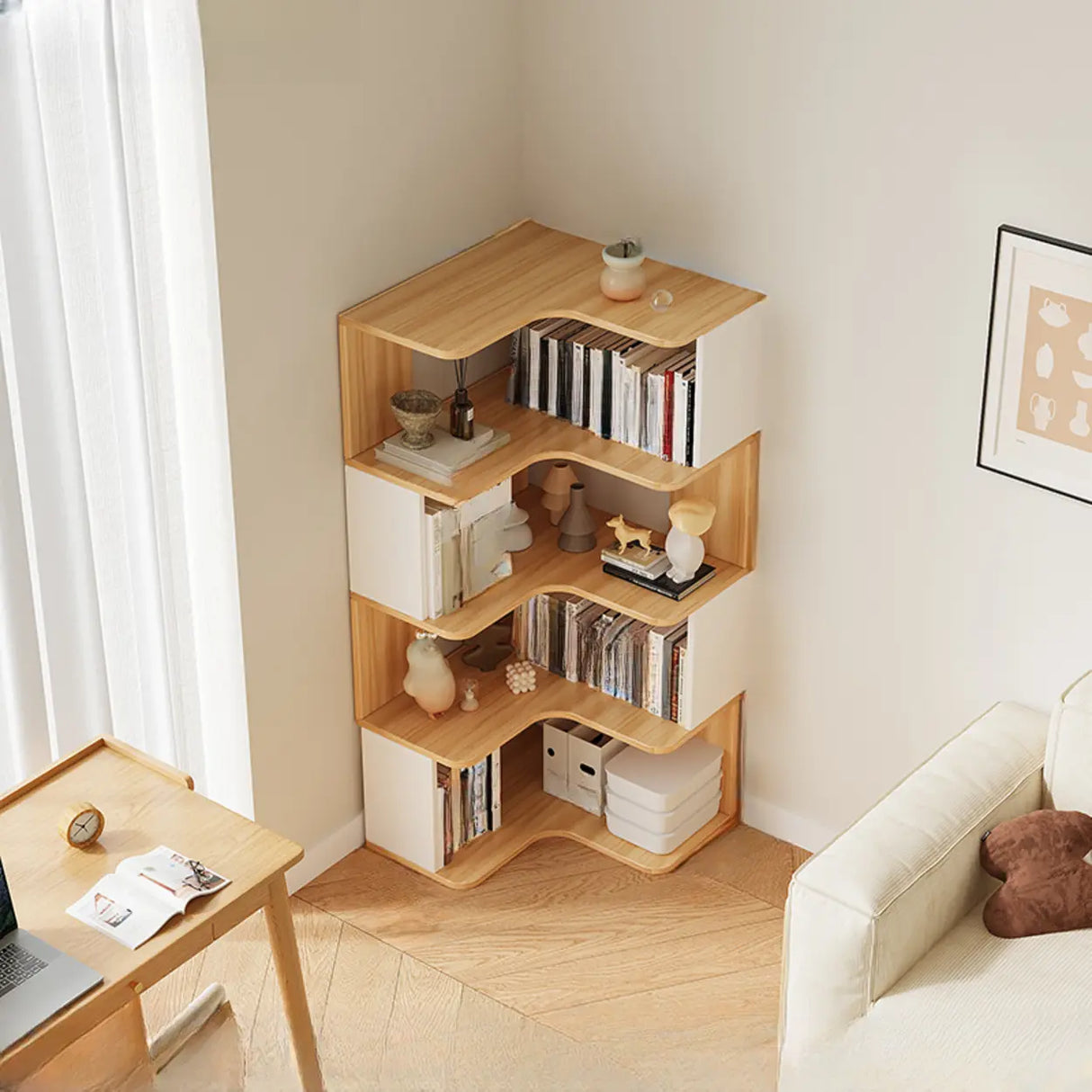 Trendy Open Back Wooden Corner Storage Bookcase Medium Image - 13