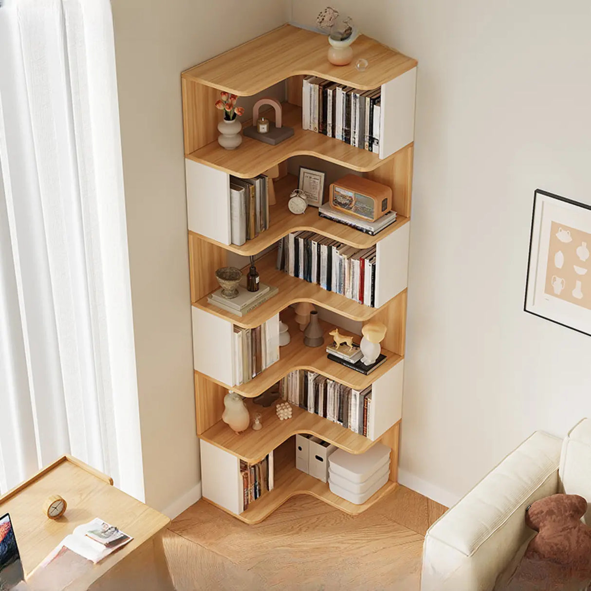 Trendy Open Back Wooden Corner Storage Bookcase Medium Image - 17