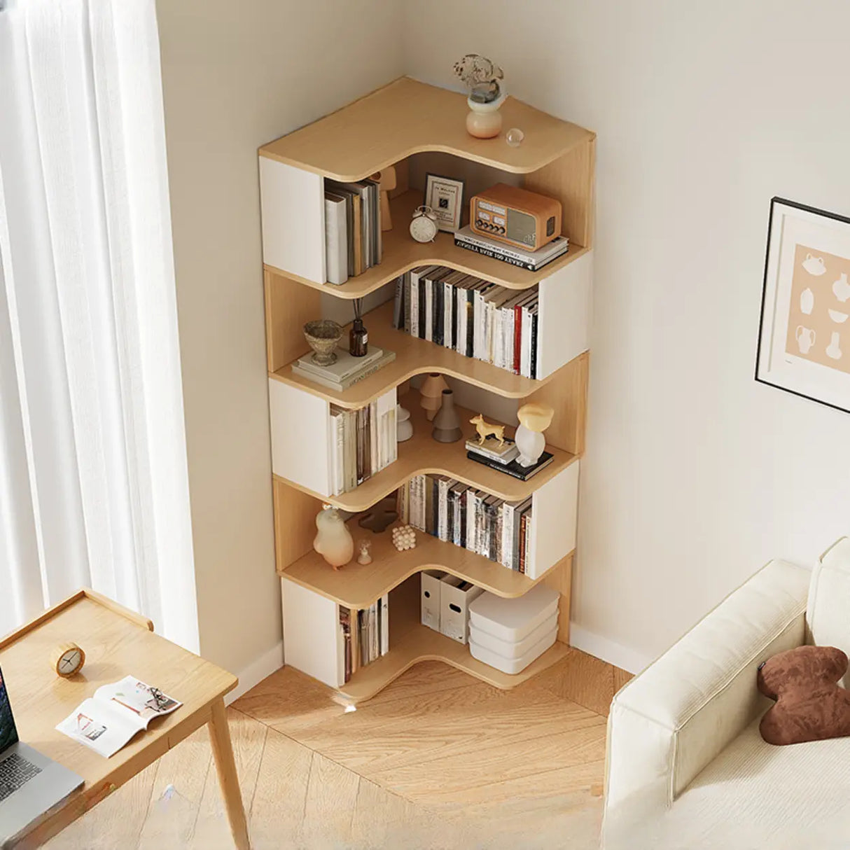 Trendy Open Back Wooden Corner Storage Bookcase Medium Image - 3