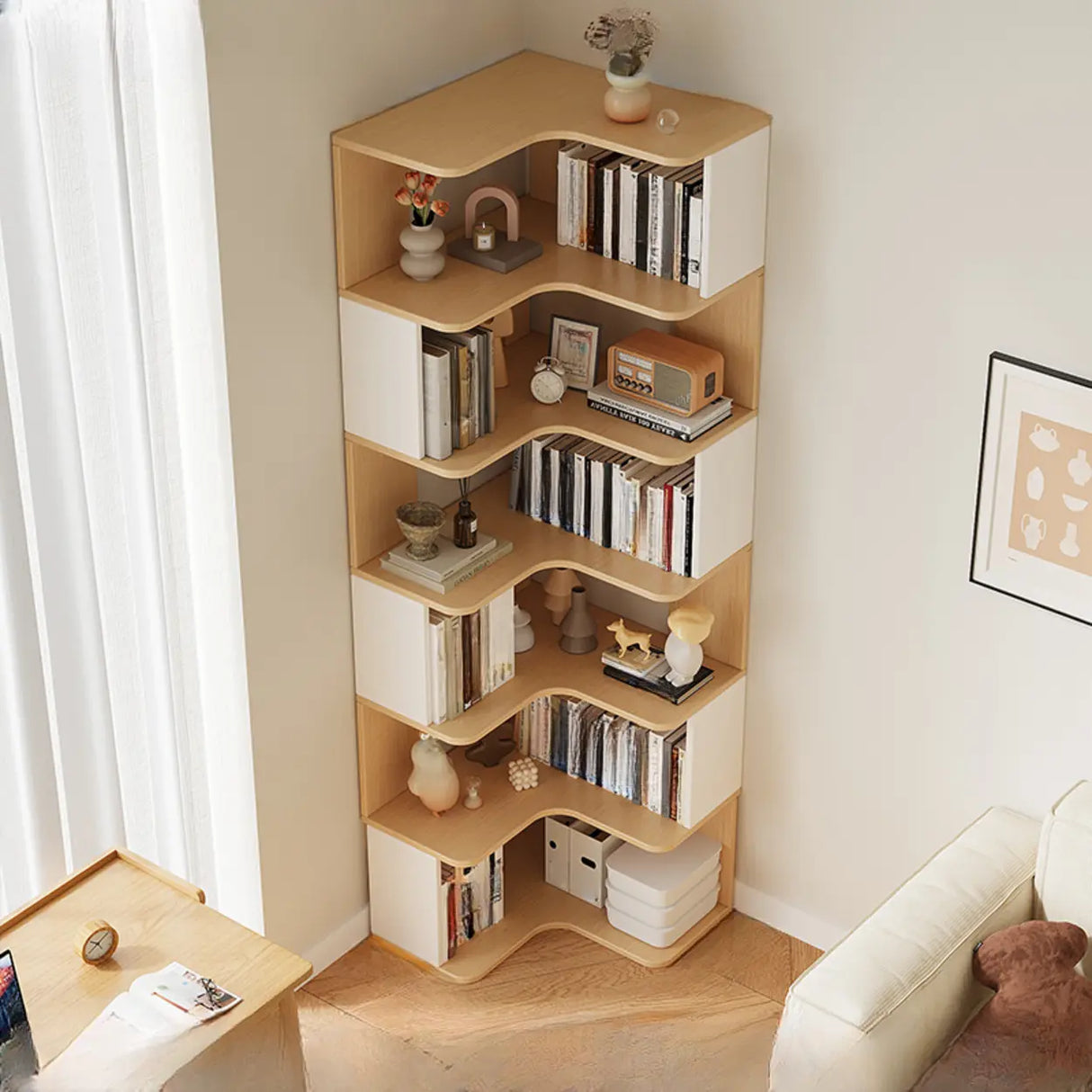 Trendy Open Back Wooden Corner Storage Bookcase Medium Image - 6