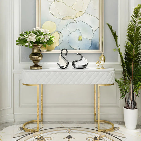 Trendy Oval Marble Grey Glam Hall Accent Console Table Image - 2