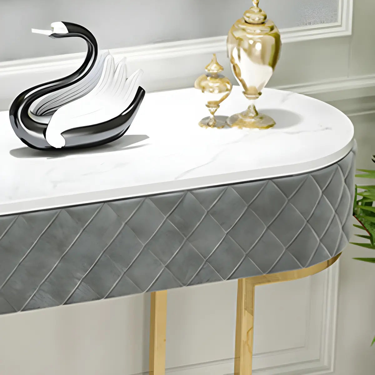 Trendy Oval Marble Grey Glam Hall Accent Console Table Image - 9