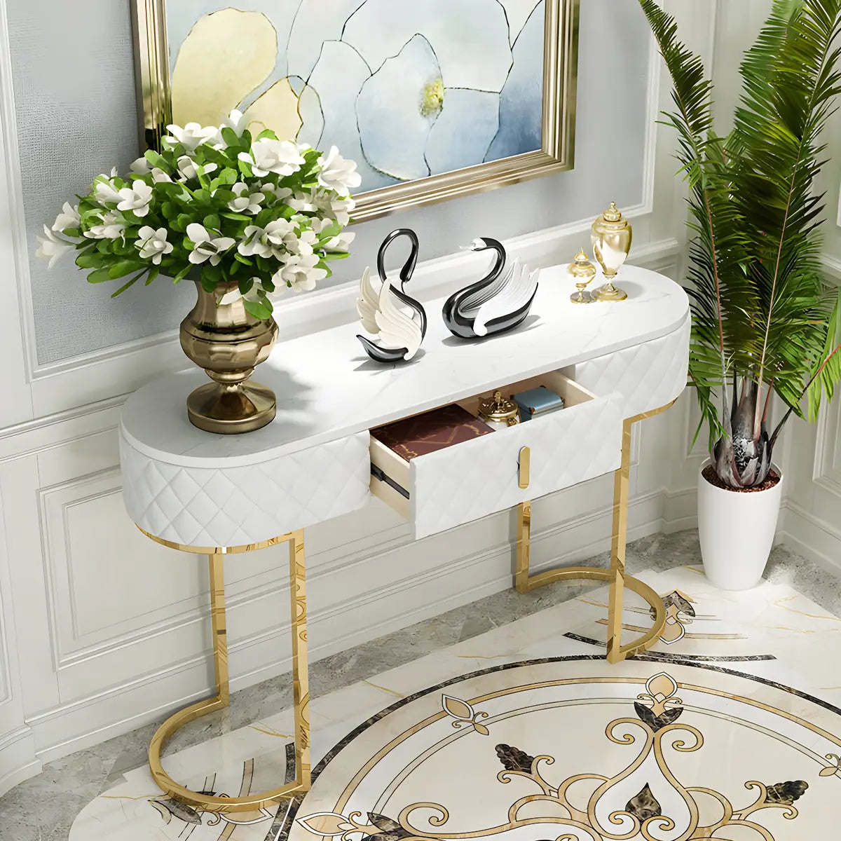 Trendy Oval Marble Grey Glam Hall Accent Console Table Image - 3
