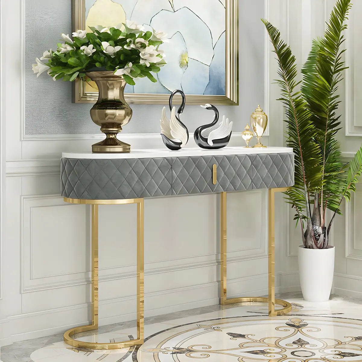 Trendy Oval Marble Grey Glam Hall Accent Console Table Image - 4