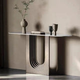 Trendy Oval Stone Top Wood Abstract Base Console Table Image - 1
