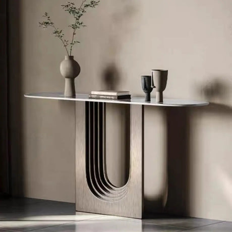 Trendy Oval Stone Top Wood Abstract Base Console Table Image - 1