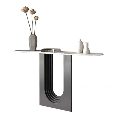Trendy Oval Stone Top Wood Abstract Base Console Table Image - 2