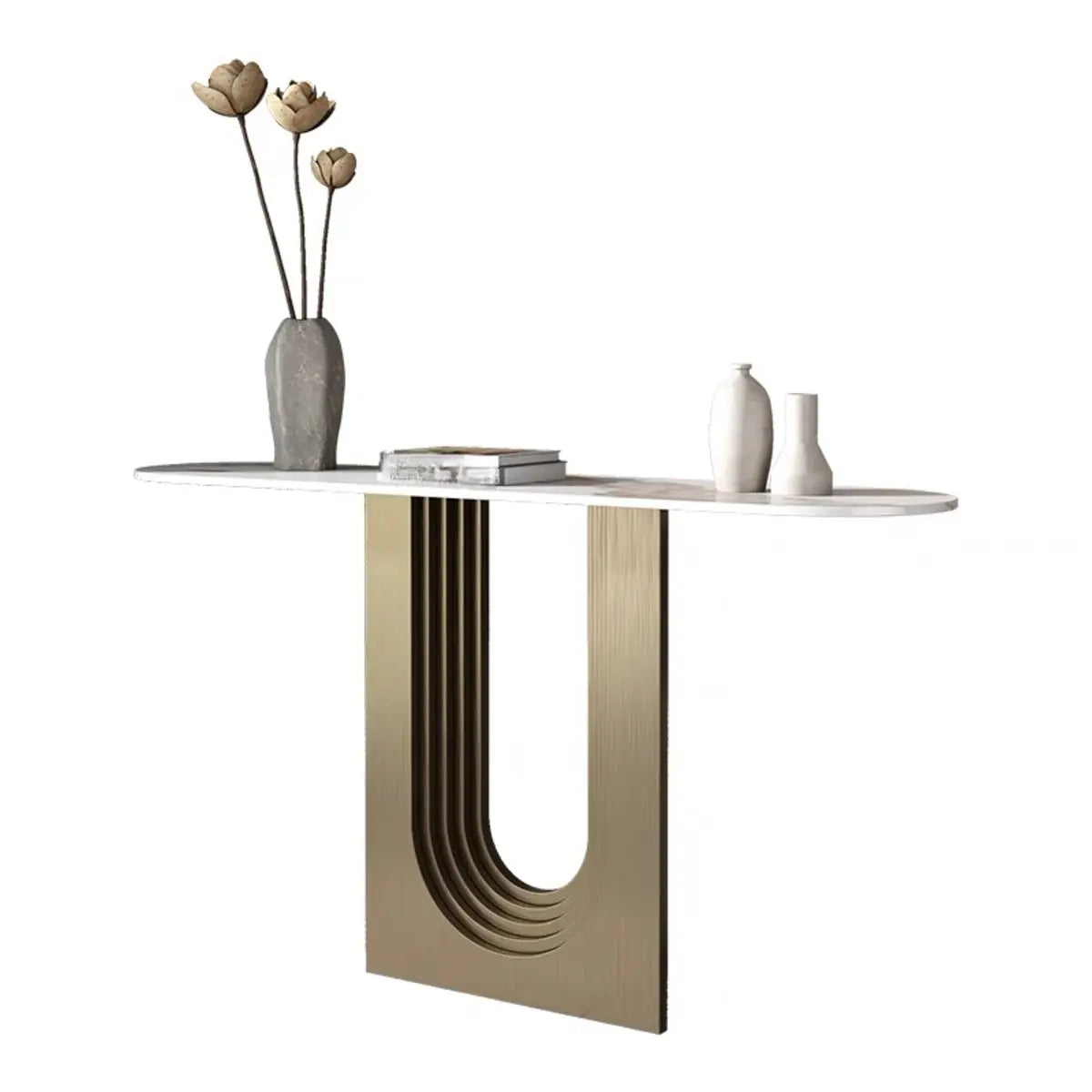 Trendy Oval Stone Top Wood Abstract Base Console Table Image - 3