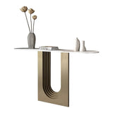 Trendy Oval Stone Top Wood Abstract Base Console Table Image - 3