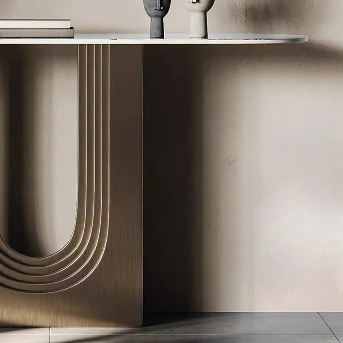 Trendy Oval Stone Top Wood Abstract Base Console Table Image - 4