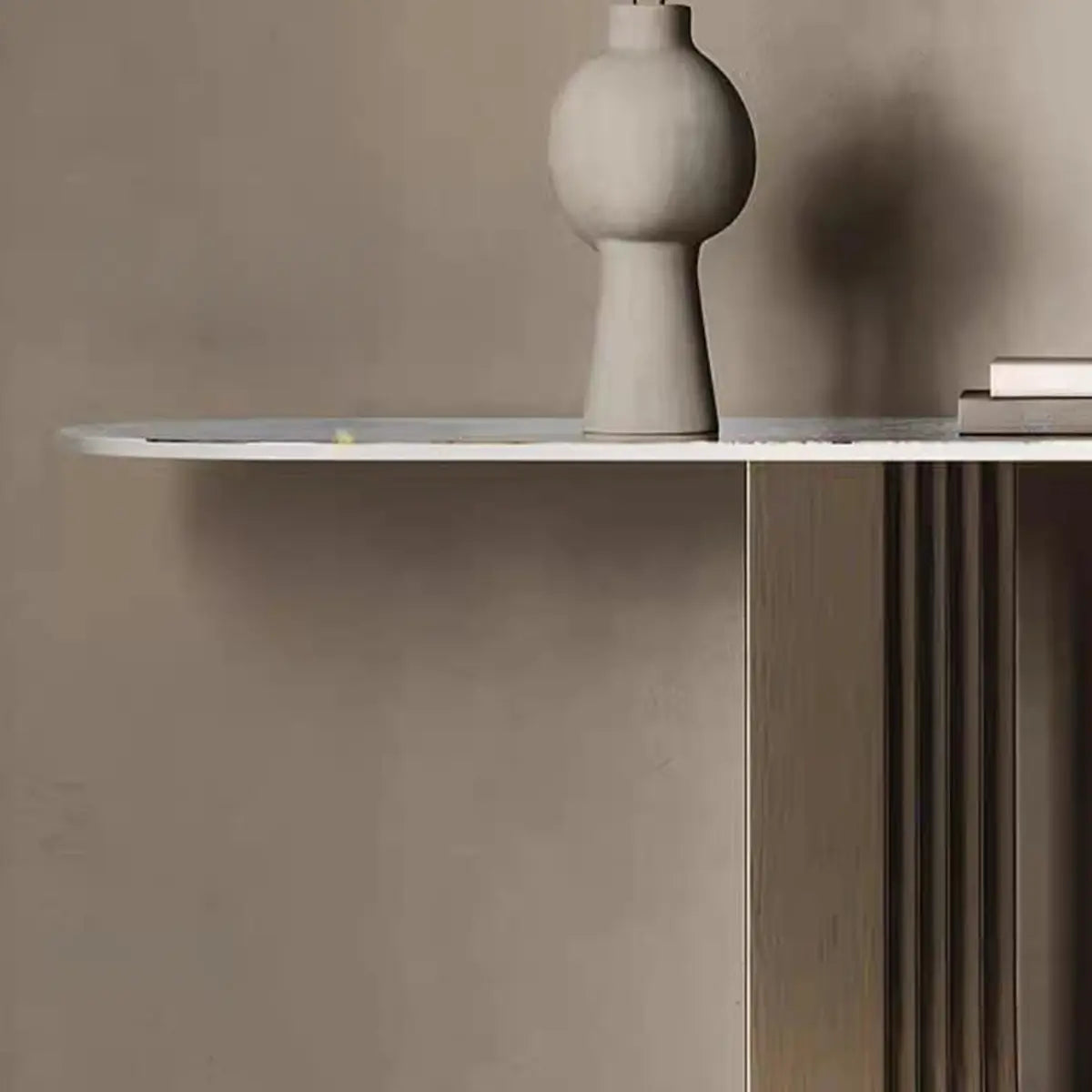 Trendy Oval Stone Top Wood Abstract Base Console Table Image - 5