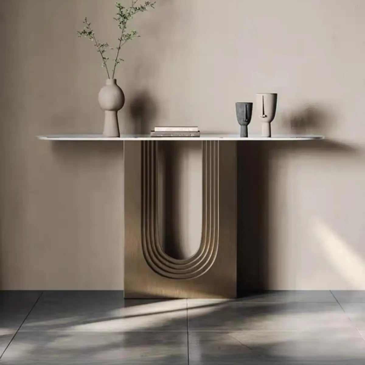 Trendy Oval Stone Top Wood Abstract Base Console Table Image - 6