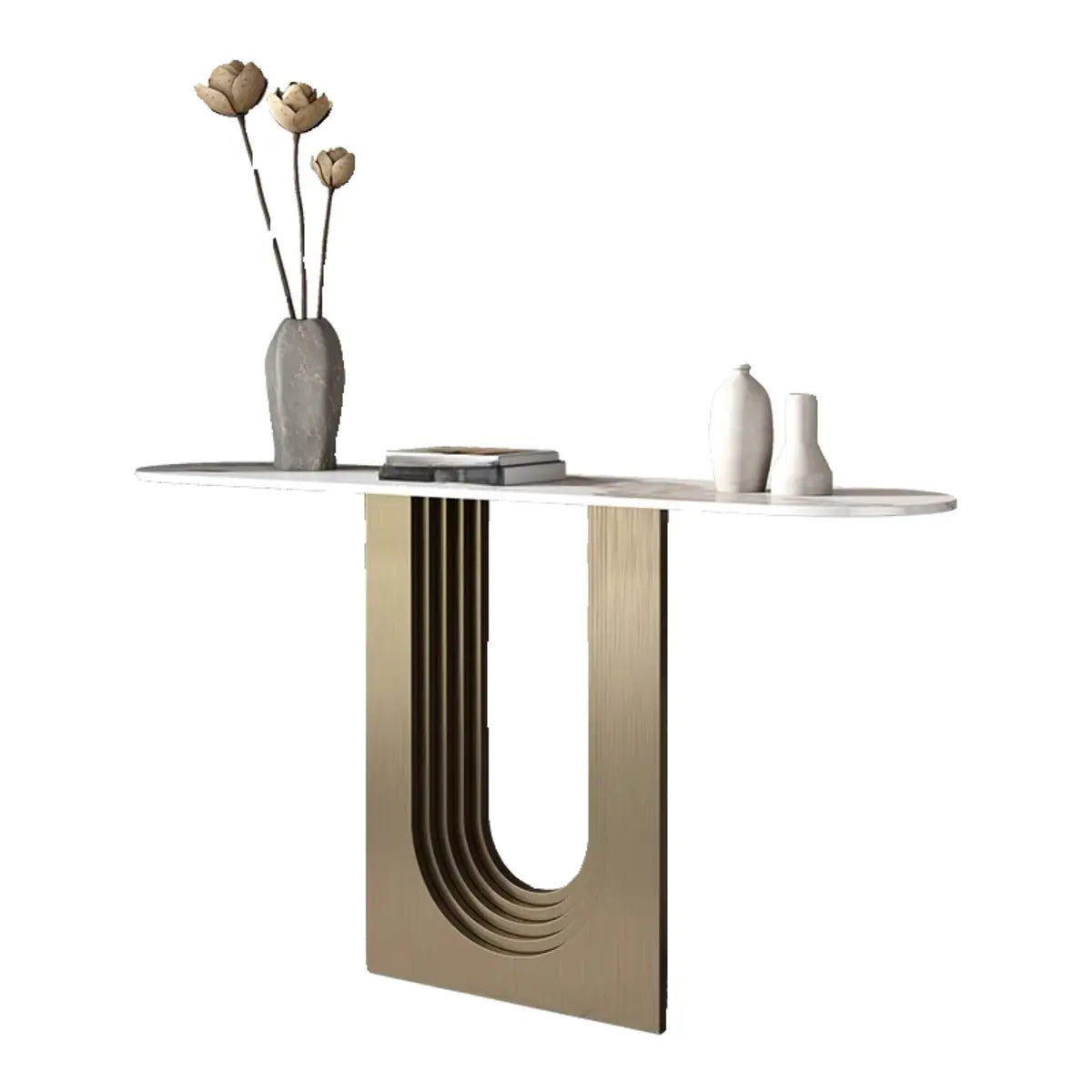 Trendy Oval Stone Top Wood Abstract Base Console Table Image - 8