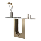 Trendy Oval Stone Top Wood Abstract Base Console Table Image - 8