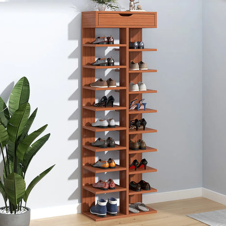 Trendy Tall Wood Entryway Brown Open Storage Shoe Rack Image - 1