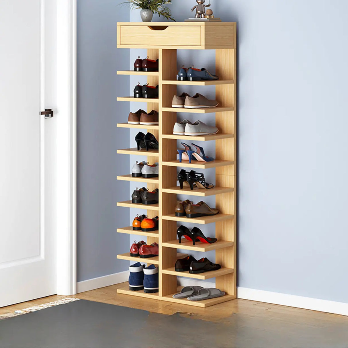 Trendy Tall Wood Entryway Brown Open Storage Shoe Rack Image - 10