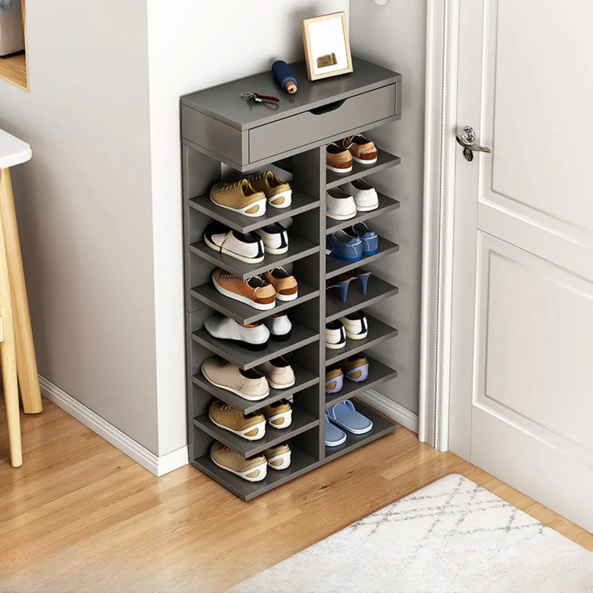 Trendy Tall Wood Entryway Brown Open Storage Shoe Rack Image - 11