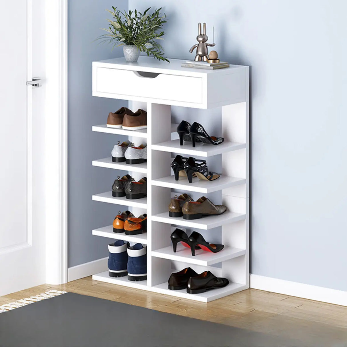 Trendy Tall Wood Entryway Brown Open Storage Shoe Rack Image - 12