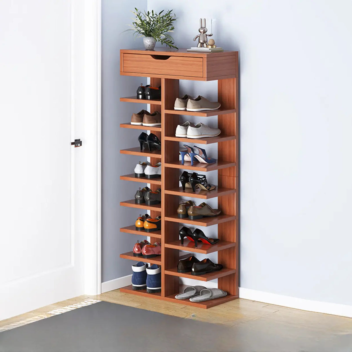 Trendy Tall Wood Entryway Brown Open Storage Shoe Rack Image - 13