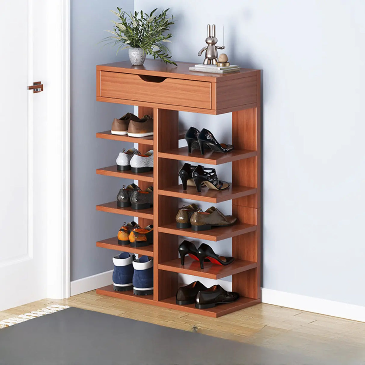 Trendy Tall Wood Entryway Brown Open Storage Shoe Rack Image - 14
