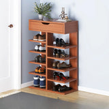Trendy Tall Wood Entryway Brown Open Storage Shoe Rack Image - 14