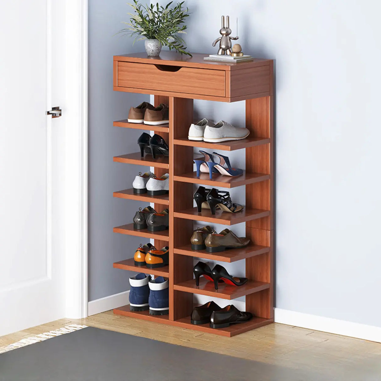 Trendy Tall Wood Entryway Brown Open Storage Shoe Rack Image - 15