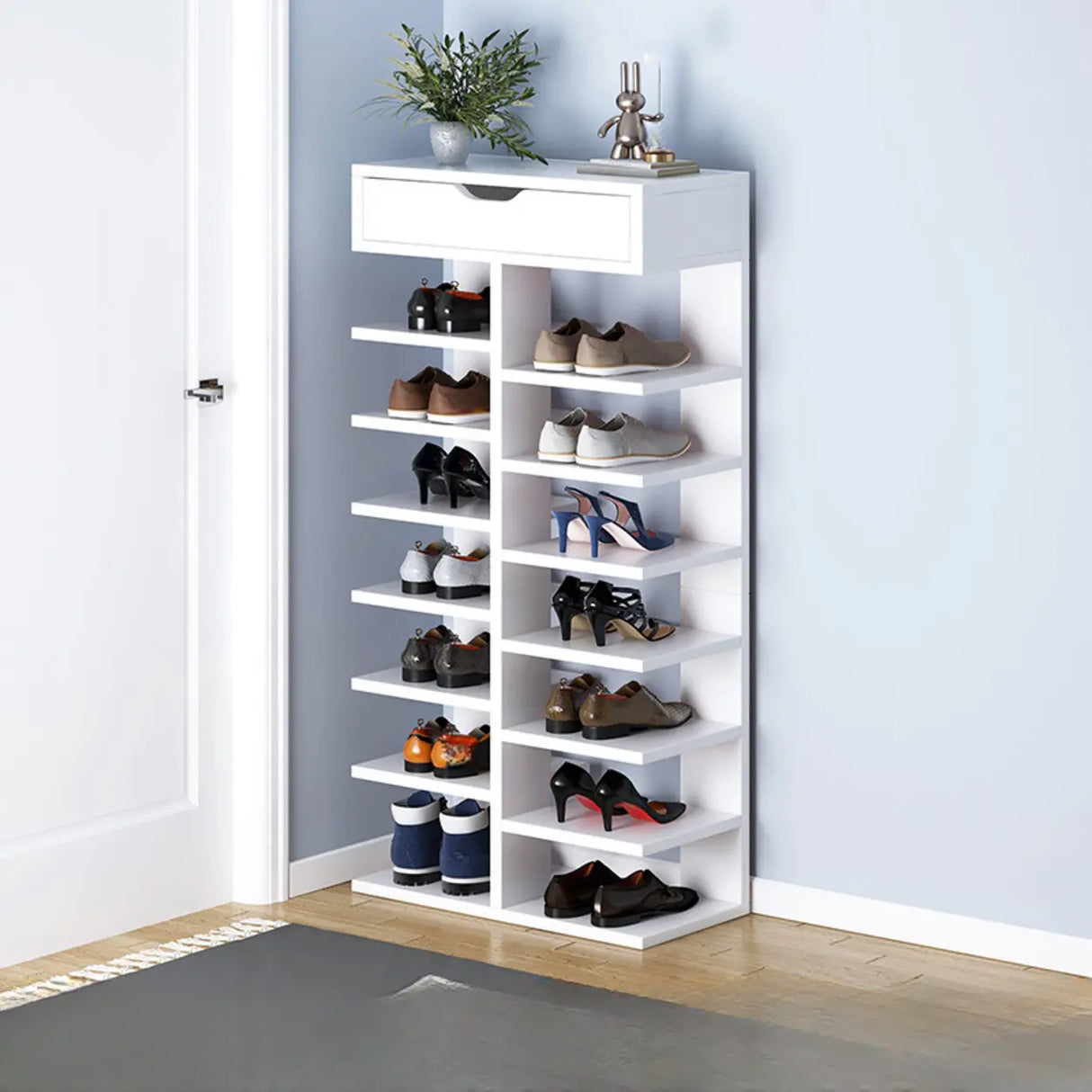 Trendy Tall Wood Entryway Brown Open Storage Shoe Rack Image - 16