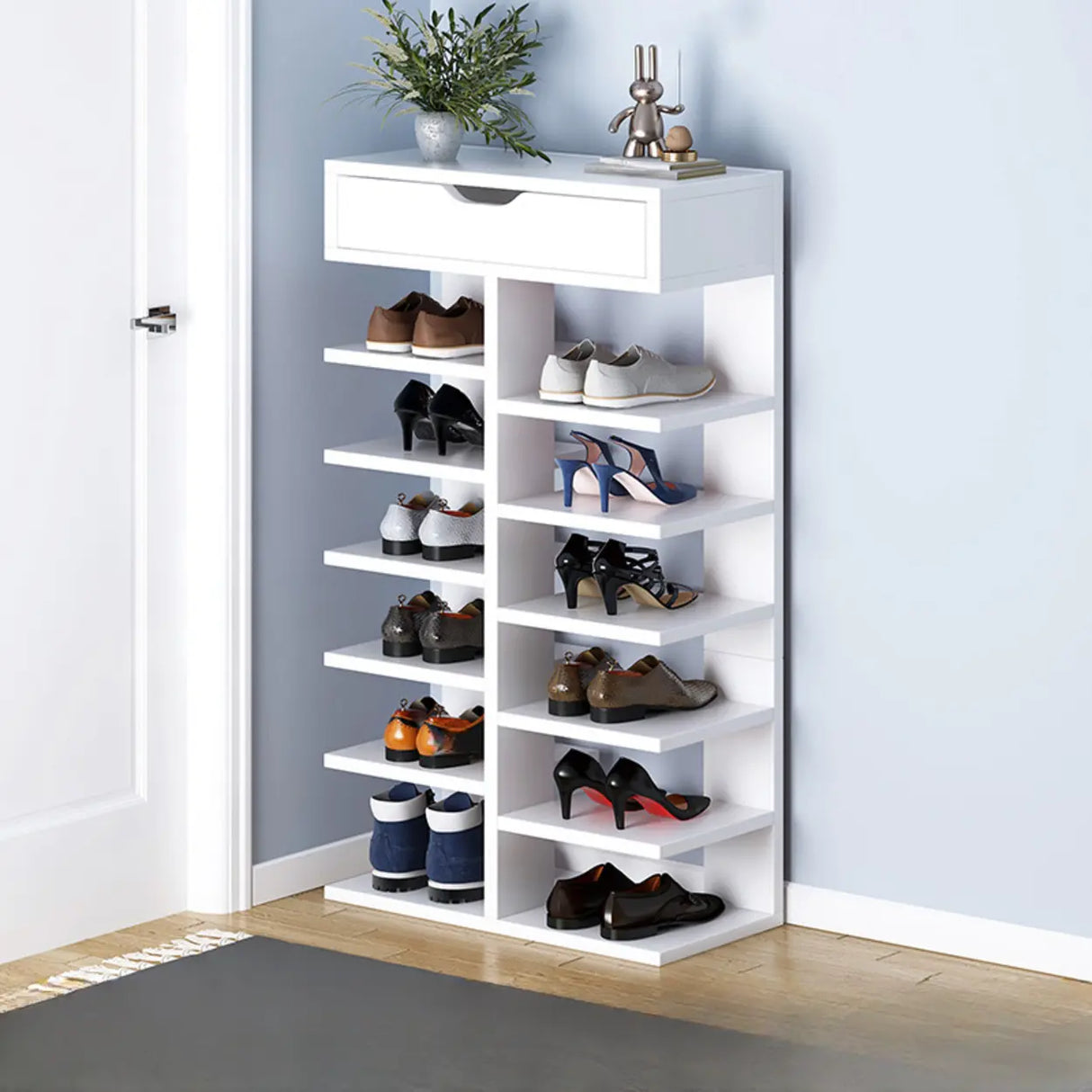 Trendy Tall Wood Entryway Brown Open Storage Shoe Rack Image - 17