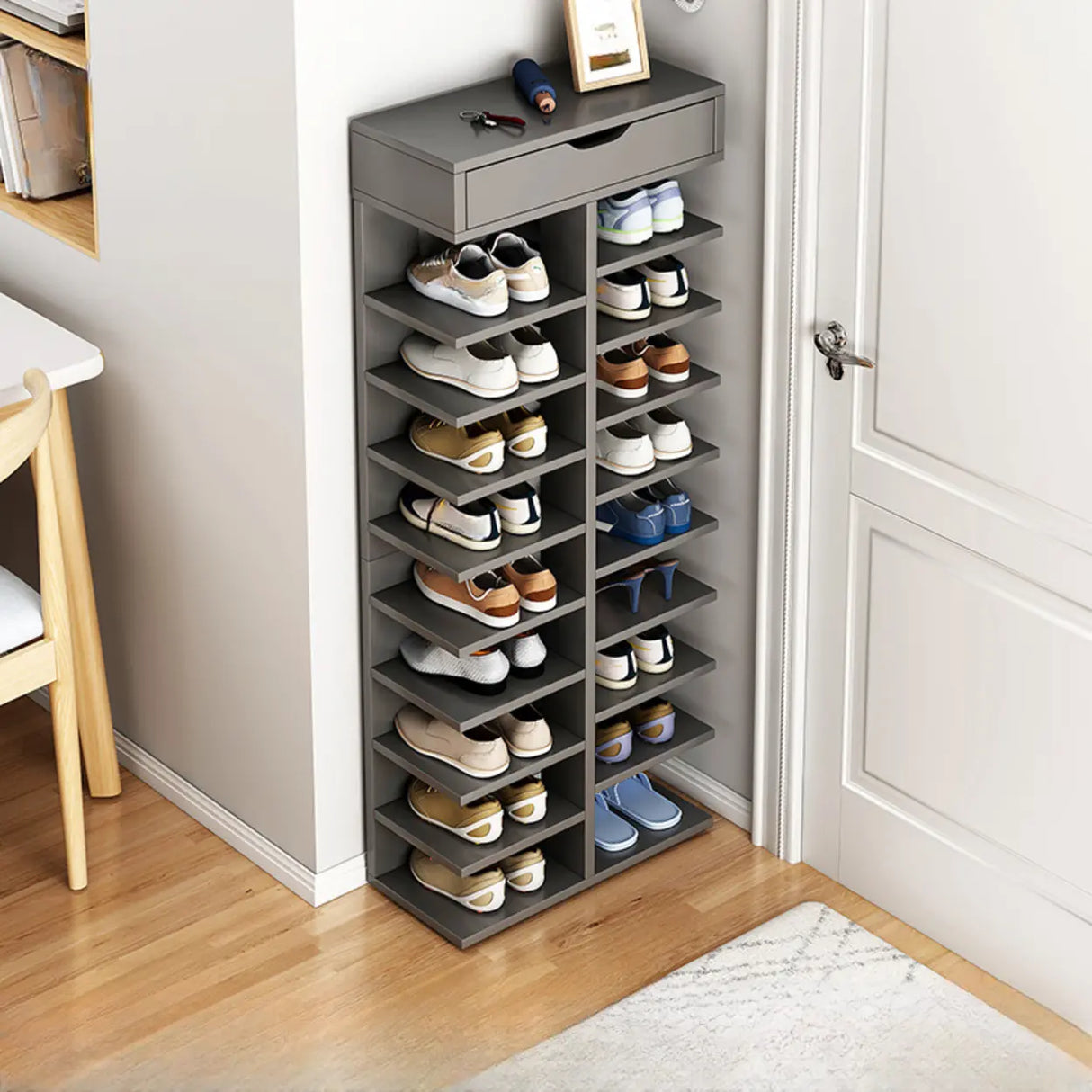 Trendy Tall Wood Entryway Brown Open Storage Shoe Rack Image - 18