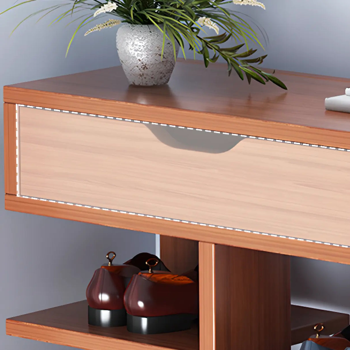 Trendy Tall Wood Entryway Brown Open Storage Shoe Rack Image - 19
