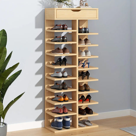 Trendy Tall Wood Entryway Brown Open Storage Shoe Rack Image - 2