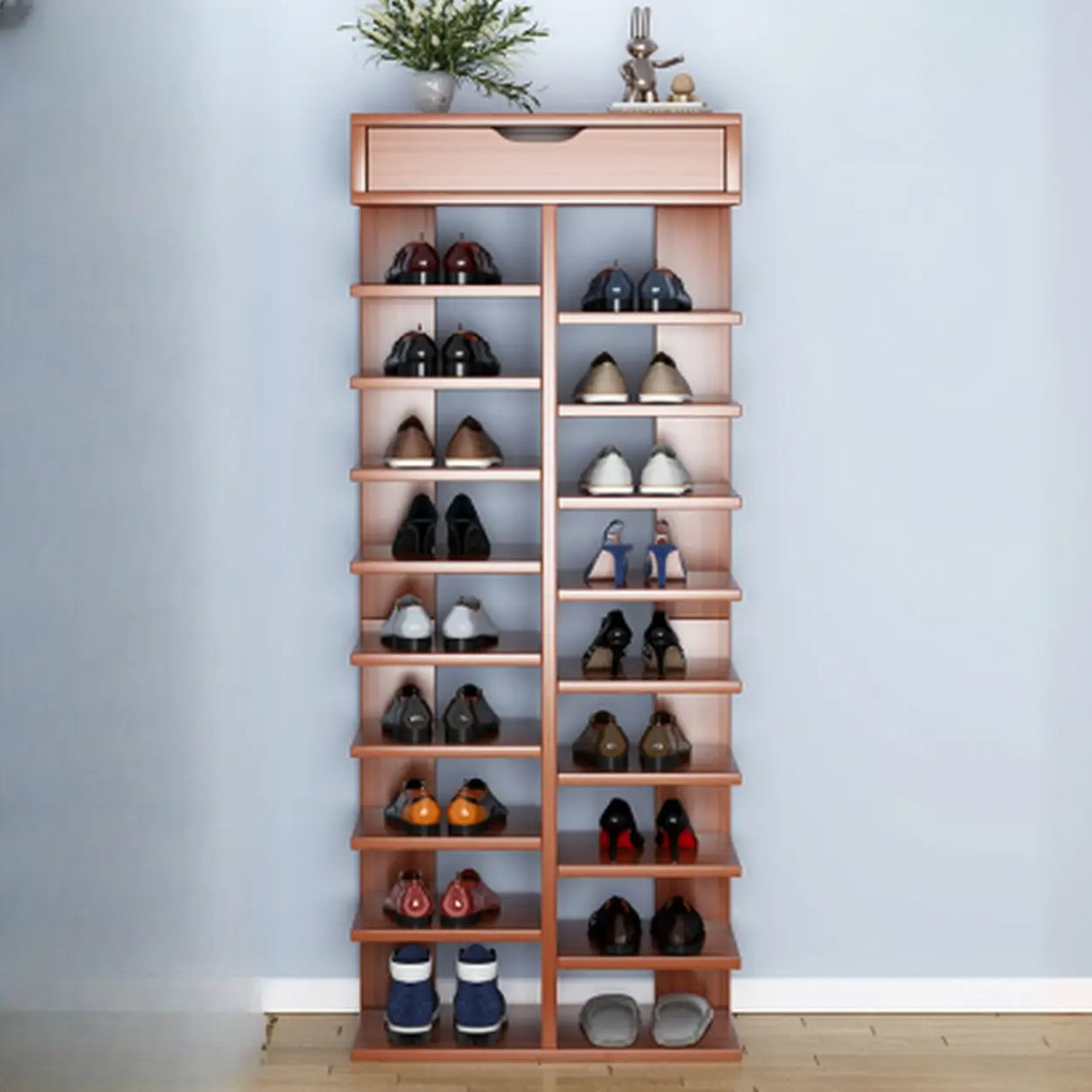 Trendy Tall Wood Entryway Brown Open Storage Shoe Rack Image - 3