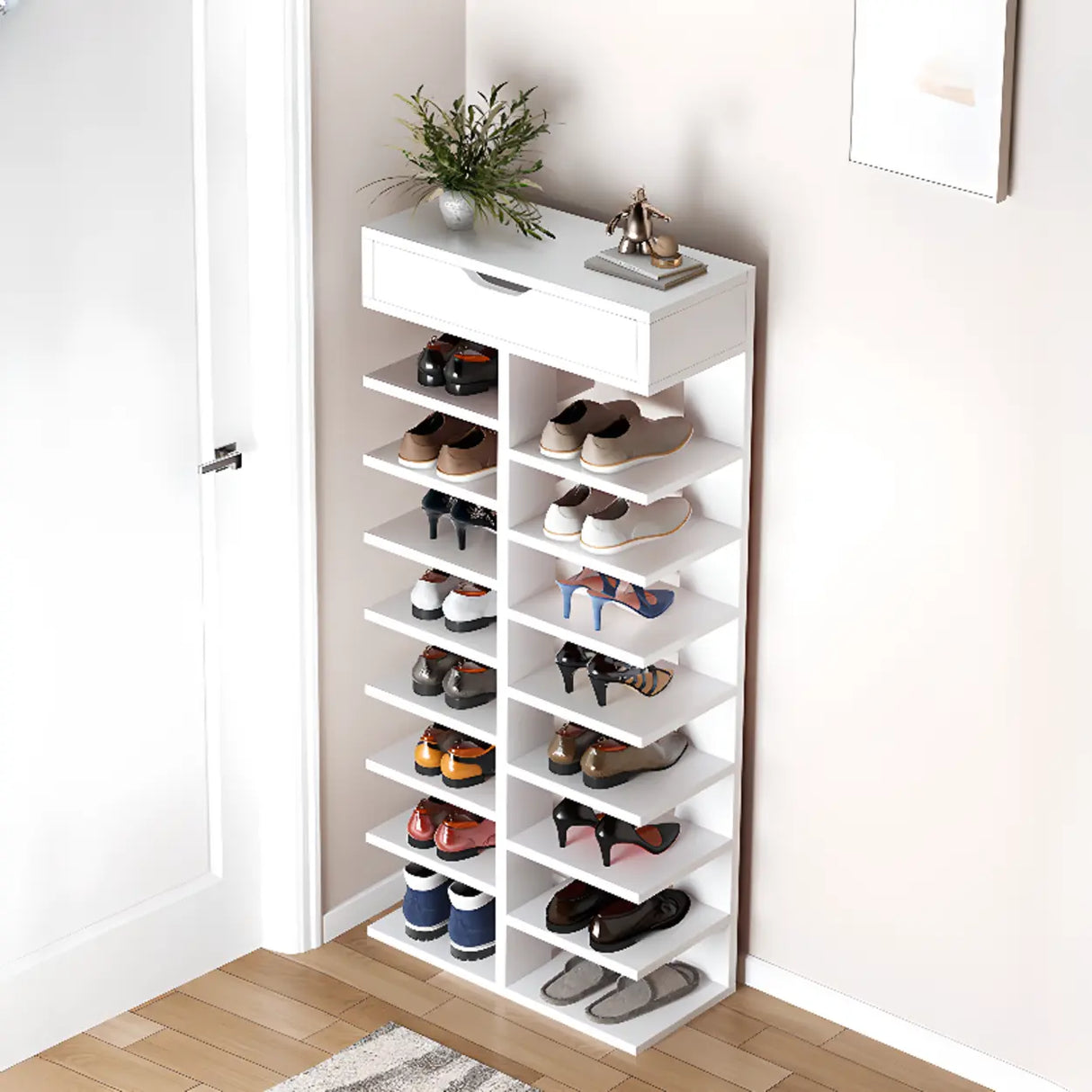 Trendy Tall Wood Entryway Brown Open Storage Shoe Rack Image - 4