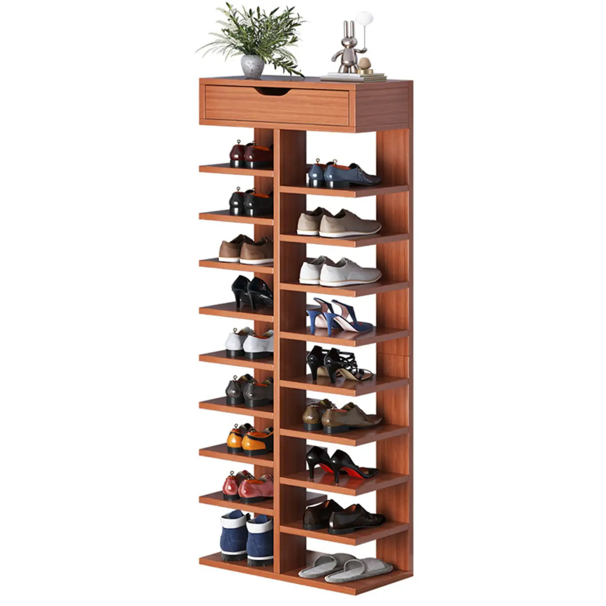 Trendy Tall Wood Entryway Brown Open Storage Shoe Rack Image - 5