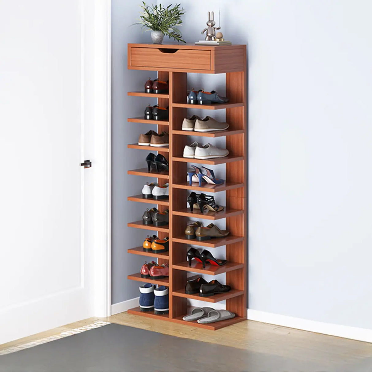 Trendy Tall Wood Entryway Brown Open Storage Shoe Rack Image - 6