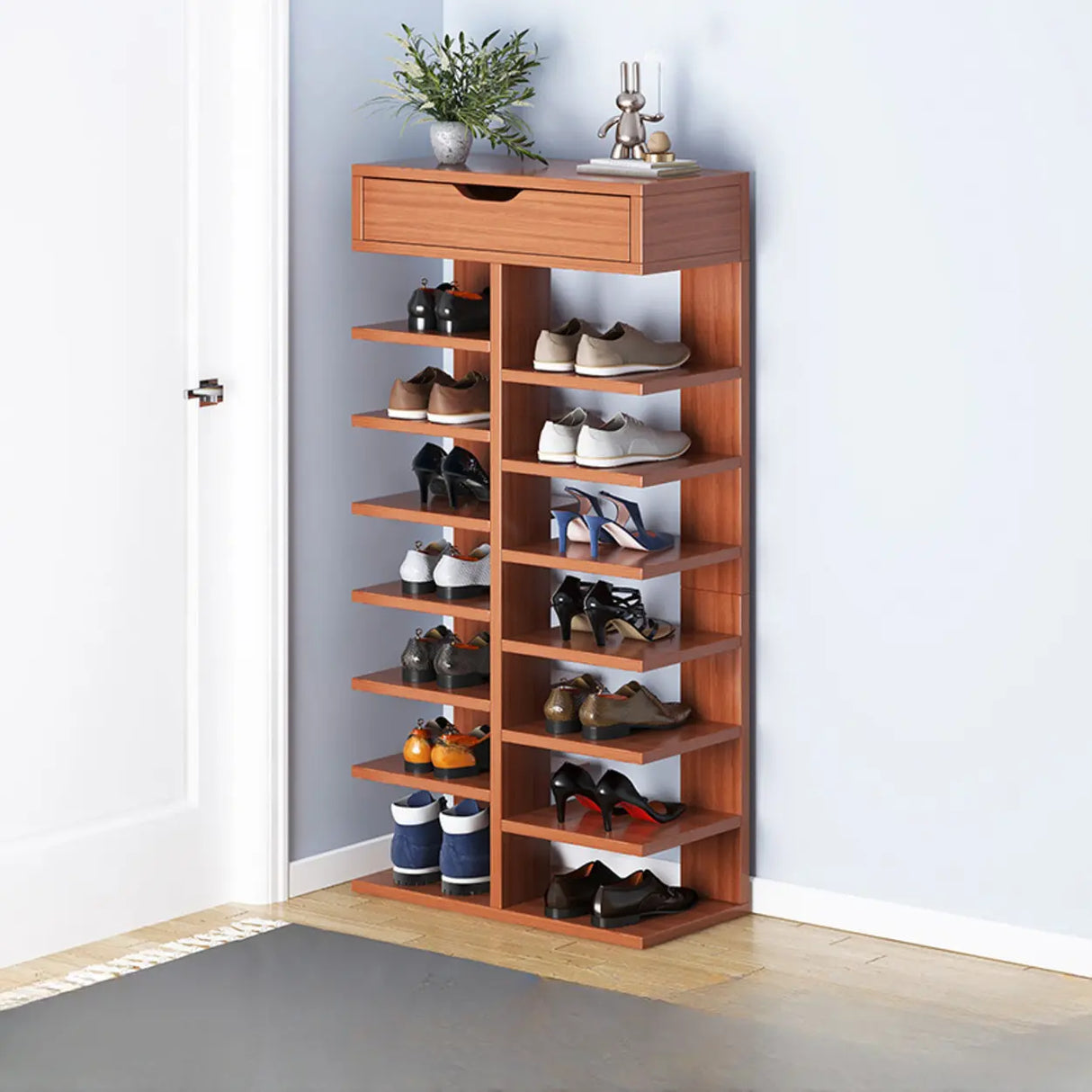 Trendy Tall Wood Entryway Brown Open Storage Shoe Rack Image - 7