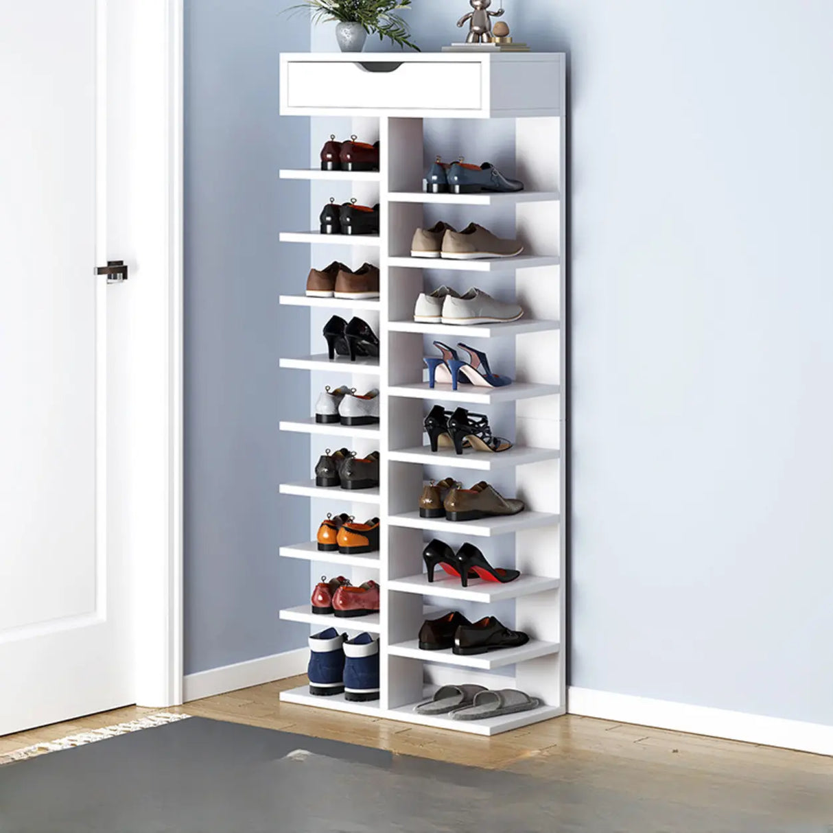 Trendy Tall Wood Entryway Brown Open Storage Shoe Rack Image - 8