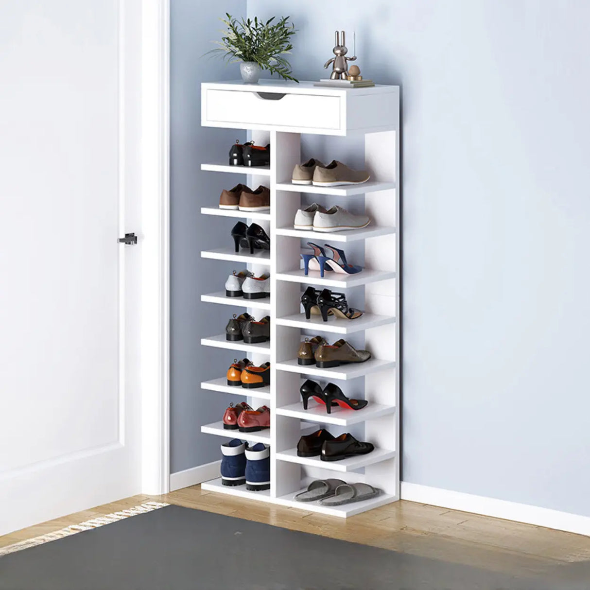 Trendy Tall Wood Entryway Brown Open Storage Shoe Rack Image - 9