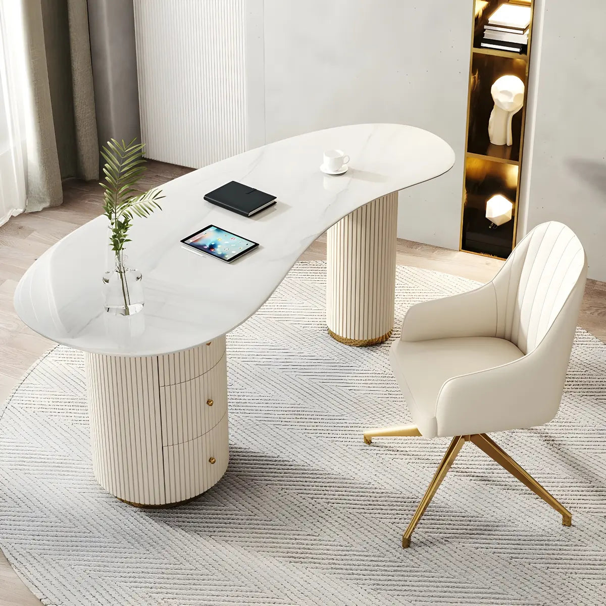 Trendy White Stone Free Form Drawers Executive Desk Image - 3