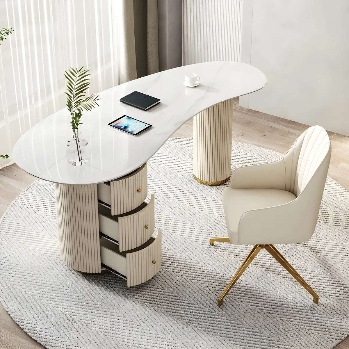 Trendy White Stone Free Form Drawers Executive Desk Image - 5