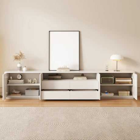 Trendy White Wood Open Storage Drawers Cabinet TV Stand Image - 2
