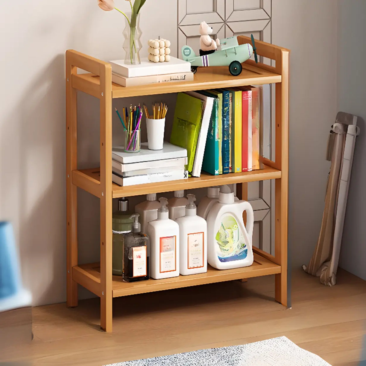Trendy Wooden Open Back Vertical Etagere Bookshelf Image - 12