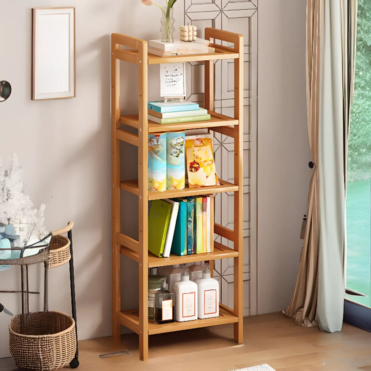 Trendy Wooden Open Back Vertical Etagere Bookshelf Image - 13