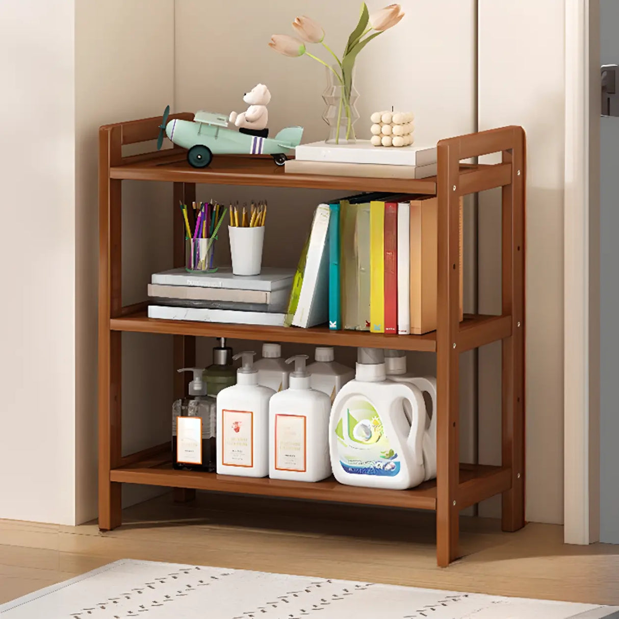 Trendy Wooden Open Back Vertical Etagere Bookshelf Image - 14