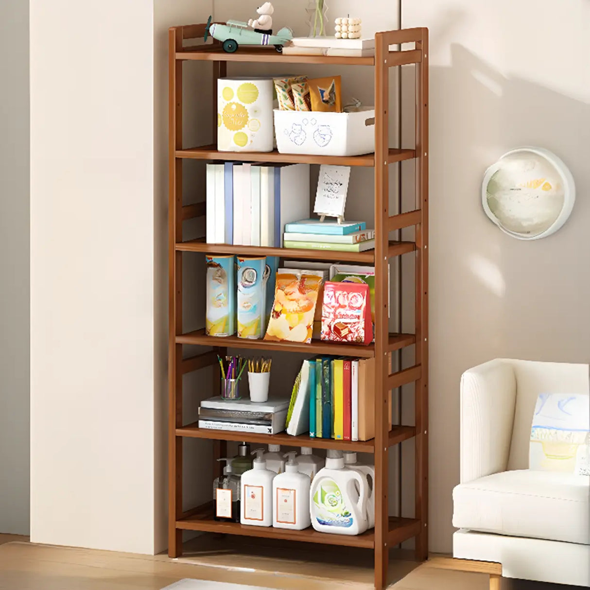 Trendy Wooden Open Back Vertical Etagere Bookshelf Image - 17