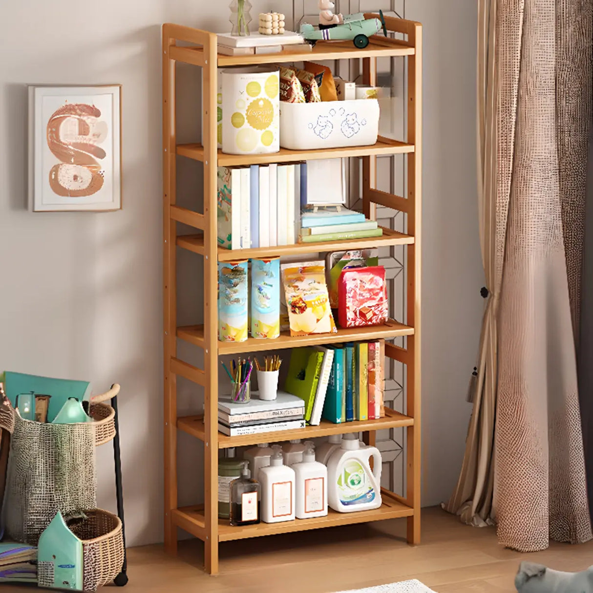Trendy Wooden Open Back Vertical Etagere Bookshelf Image - 23