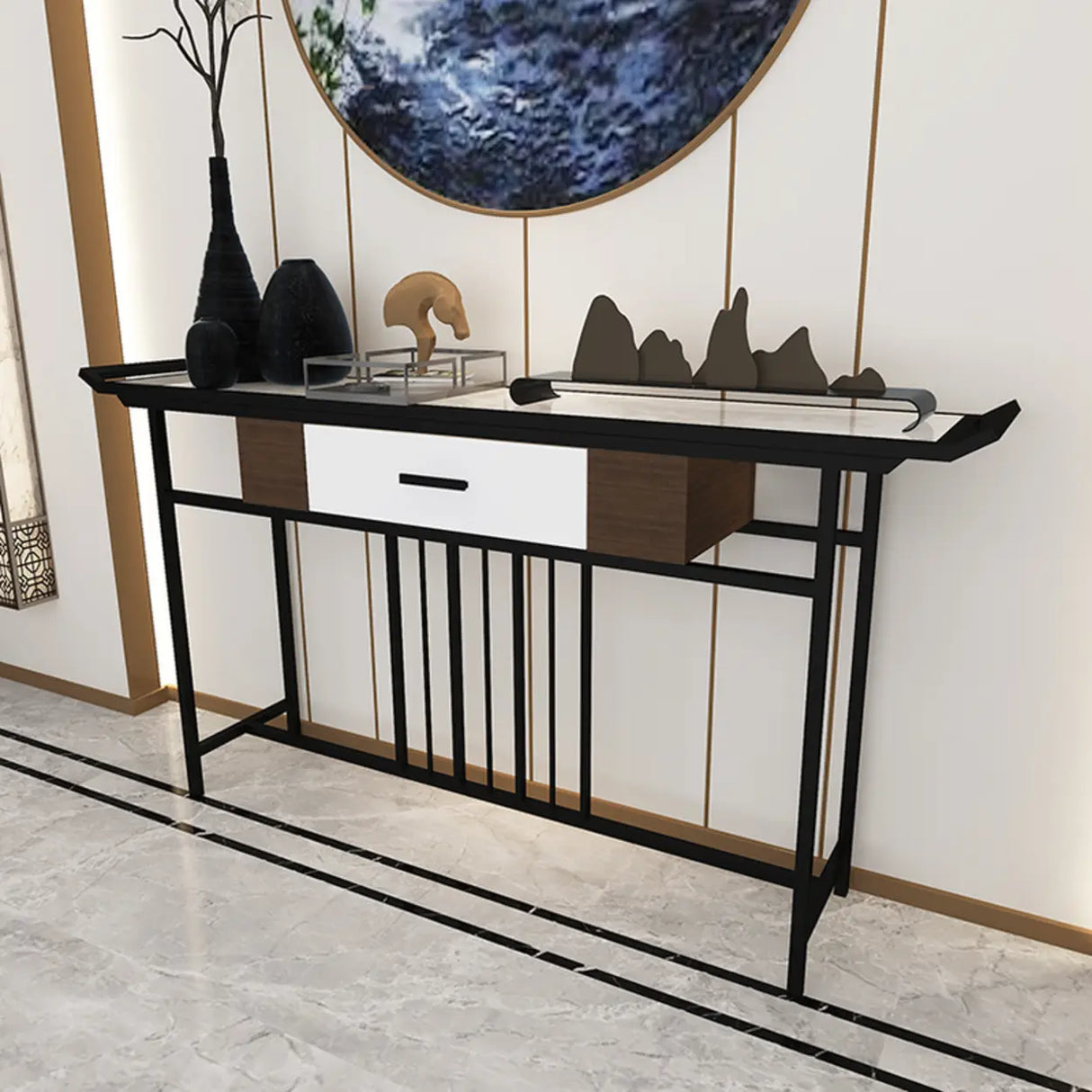 Trestle Rectangular Metal Black Storage Console Table Image - 3