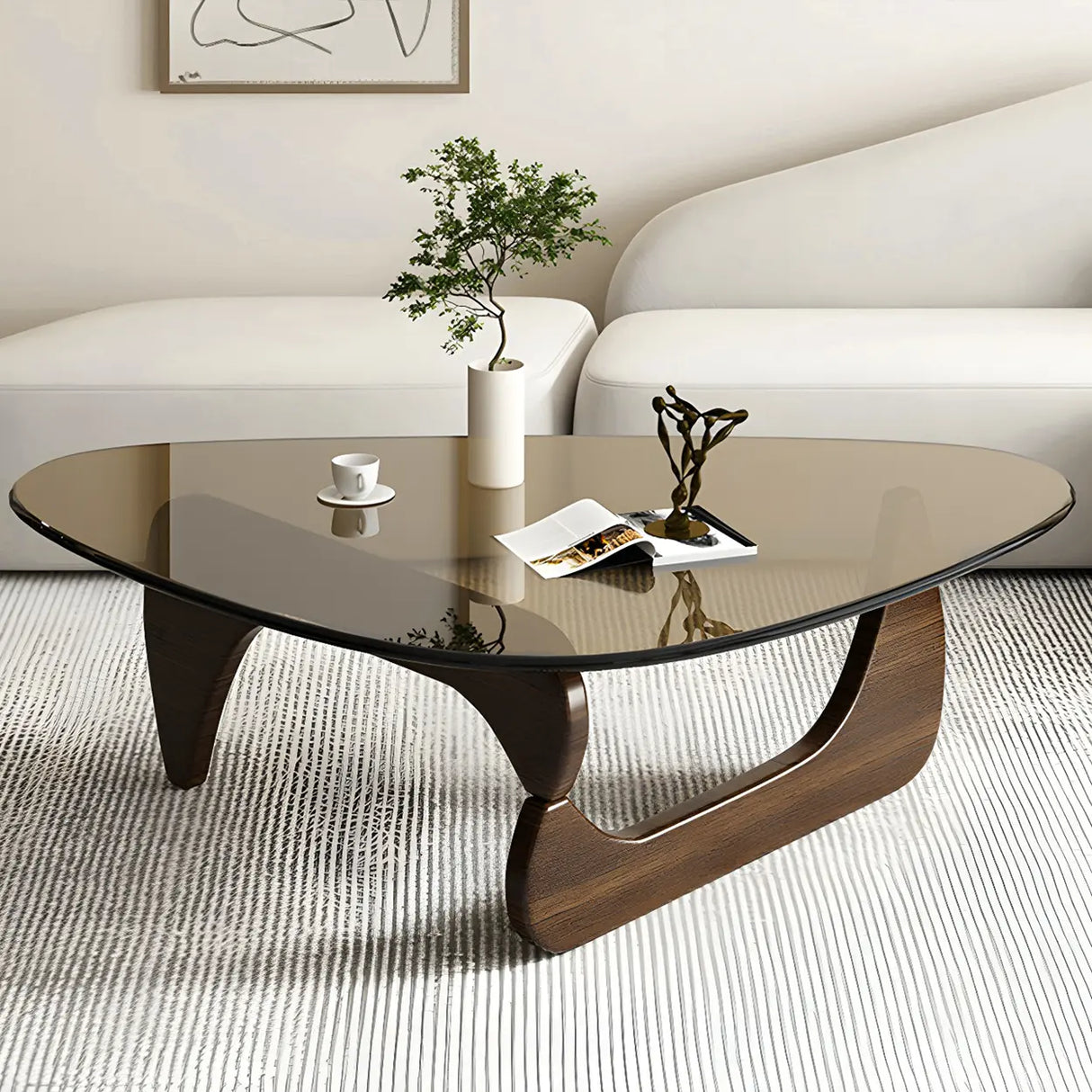 Triangle Glass Wooden Abstract Base Coffee Table Image - 13