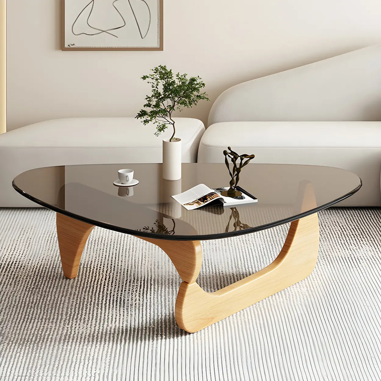 Triangle Glass Wooden Abstract Base Coffee Table Image - 6