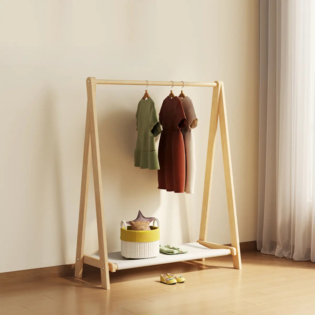 Triangle Natural Finish Pine Wood Shelves Coat Rack Image - 7